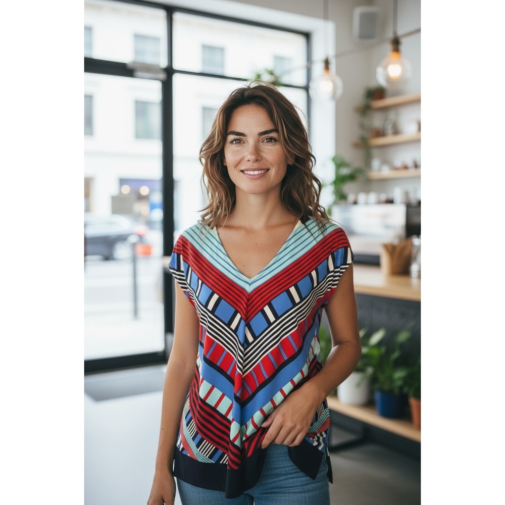 Leota XS Colorful Geometric Print Short Sleeve V Neck Blouse Top